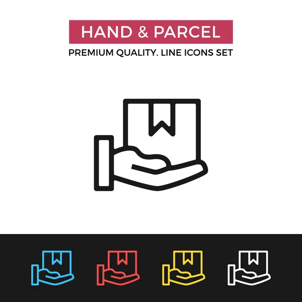 Vector de mano e icono de paquete. Icono de línea delgada — Vector de stock