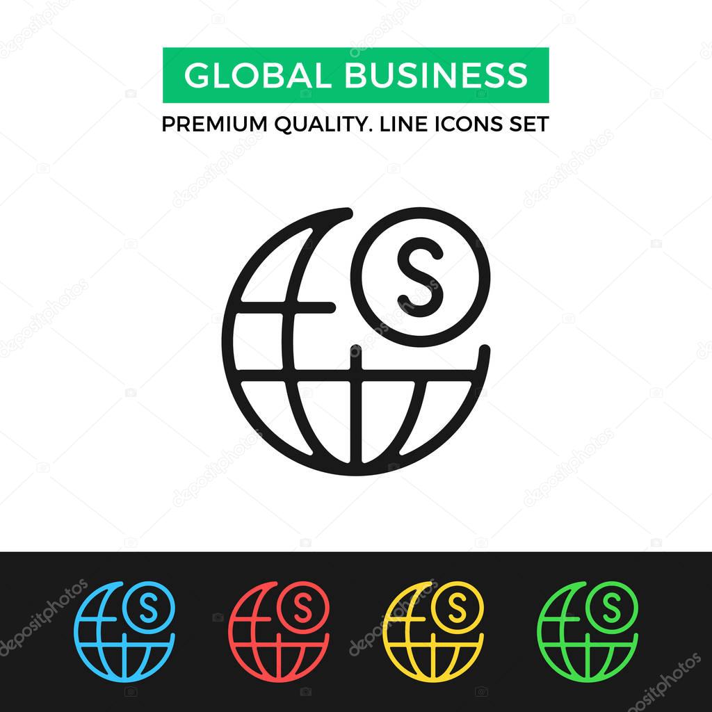 Vector global business icon. Earth globe and dollar sign. Premium quality graphic design. Signs, outline symbols collection, simple thin line icons set for website, web design, mobile app, infographic