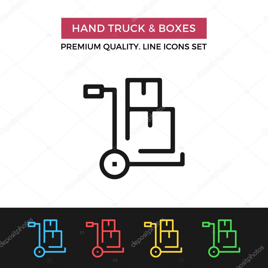 Vector hand truck and boxes icon. Warehouse trolley and crates. Premium quality graphic design. Signs, outline symbols, simple thin line icons set for websites, web design, mobile app, infographics