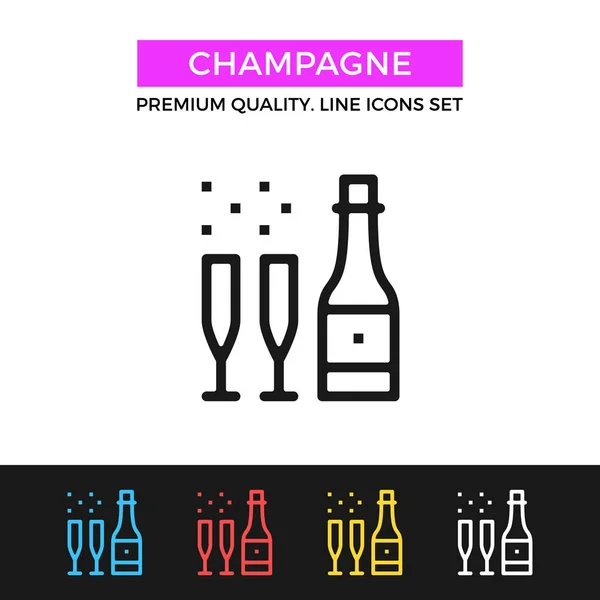 Icono del champán del vector. Botella de vino espumoso y copas de champán. Icono de línea delgada — Vector de stock