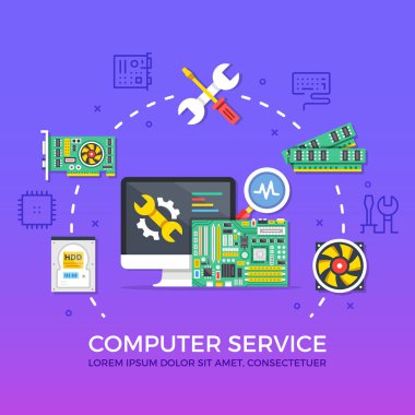 Bilgisayar tamir, Bilgisayar Servisi. Düz tasarım grafik öğeleri, işaretler, satır simgeler kümesi. Sınıf kalitesi. Modern kavramları web afiş, Web siteleri, infographics, basılı malzemeler için. Vektör çizim