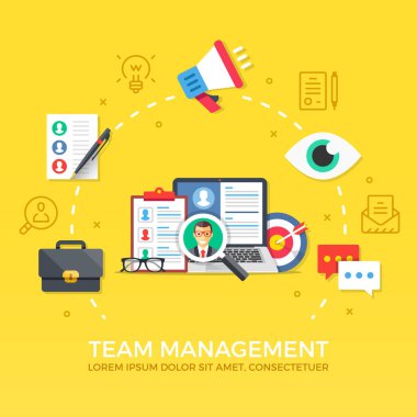 Takım Yönetimi. İnsan kaynakları. Düz tasarım grafik öğeleri, simge, satır simgeler kümesi. Sınıf kalitesi. Modern kavram web afiş, Web siteleri, infographics, basılı malzemeler için. Vektör çizim
