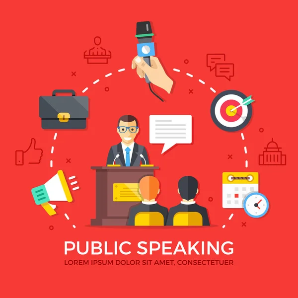 Public speaking. Speech, conference. Flat design graphic elements, line icons set. Premium quality. Modern concepts for web banners, websites, infographics, printed materials. Vector illustration — Stock Vector