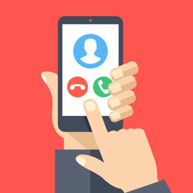 Gelen çağrı ekranlı akıllı telefon. Akıllı telefon, ekran dokunaklı parmak tutan el. Kabul veya aramayý reddetmek. Modern kavramları. Düz tasarlamak vektör