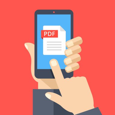 PDF dosyasını smartphone ekranda. El smartphone tutar, parmak ekran dokunur. Okumak, indir, telefon, mobil cihaz Pdf görüntülemek. Modern grafik öğeleri. Düz tasarlamak vektör