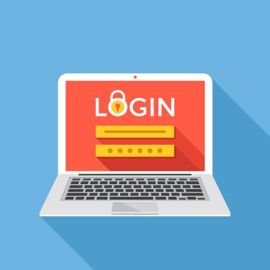 Laptop ekranında giriş sayfası ile. Giriş, kayıt, yetkilendirme, oturum açma adı ve parola kavramları girin. Modern grafik tasarım. Düz tasarlamak vektör