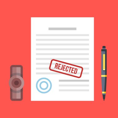 Pul ve kalem belge reddedildi. Uygulama kavramlarını reddetti. Üstten Görünüm. Sınıf kalitesi. Modern düz tasarım grafik öğeleri. Vektör çizim