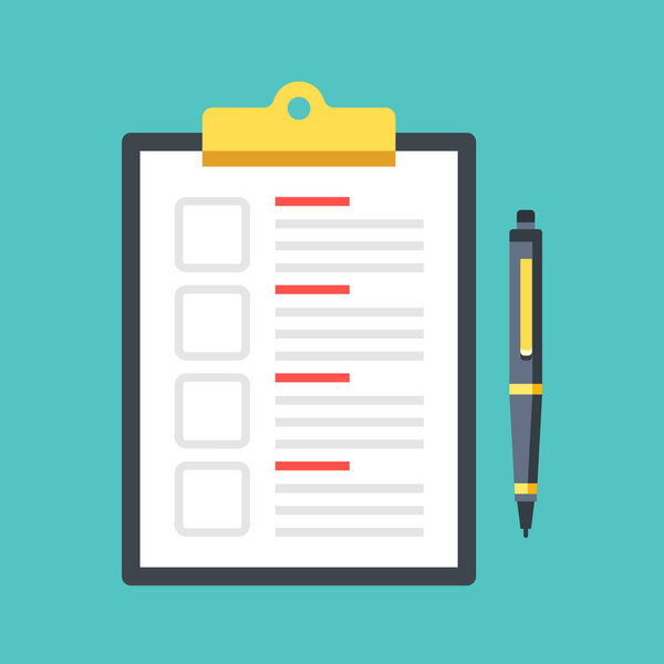 Чек-лист с чекбоксами и ручкой. Буфер обмена с документом и флажками. Вид сверху. Премиум качество. Современный дизайн графических элементов. Векторная иллюстрация
