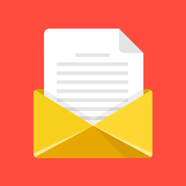 Geopende envelop met letter. Gele envelop pictogram. E-mail, e-mail, stuur bericht concepten. Moderne platte ontwerp grafisch element. Vectorillustratie — Stockvector