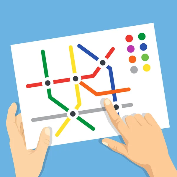 Χέρια που κρατούν μετρό χάρτη. Βρείτε σταθμό του μετρό, του υπόγειου σιδηρόδρομου έννοιες σχεδιαστής πλοήγησης, ταξίδι, δρομολόγιο ή ταξίδι. Μοντέρνα επίπεδη σχεδίαση γραφικών στοιχείων. Εικονογράφηση διάνυσμα — Διανυσματικό Αρχείο