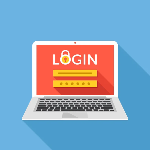 Laptop con pagina di login sullo schermo. Accedi, registrazione, autorizzazione, inserisci i concetti di login e password. Design grafico moderno. Illustrazione vettoriale di design piatto — Vettoriale Stock