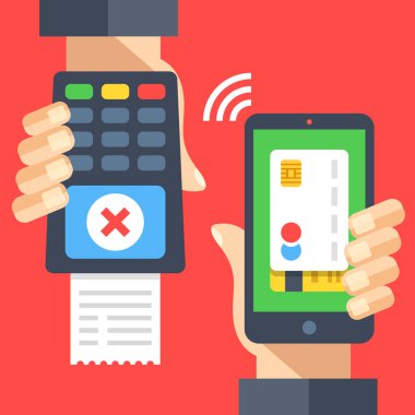 Ödemeyi çapraz onay işareti ve alış irsaliyesi, kredi kartı ile smartphone tutan el ile terminal içeren ver. İşlem, yanlış PIN girişi, yetersiz bakiye reddetti. Düz tasarlamak vektör