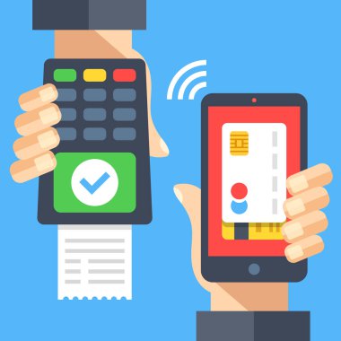 Ödemeyi yeşil onay işareti ve giriş, kredi kartı ile smartphone tutan el ile terminal içeren ver. İşlem, doğru PIN girişi, başarılı ödeme onayladı. Düz tasarlamak vektör