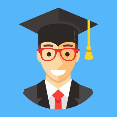 Lisansüstü Öğrenci kolej gülümseyerek. Kare akademik kap ile mutlu bir adam. Mezuniyet kavramları. Modern düz tasarım vektör çizim