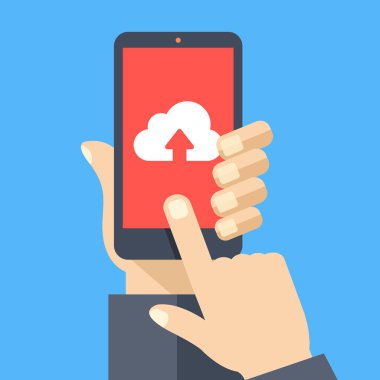 Bulut yükleniyor. Smartphone ekranında ok simgesi ile bulut. Akıllı telefon, ekran dokunaklı parmak tutan el. Web reklam, web siteleri, infographics için modern kavram. Düz tasarlamak vektör