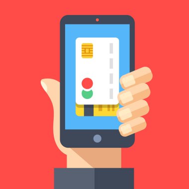 Kredi kartı smartphone ekranında. El tutma smartphone. Mobil ödeme, cep telefonu, temassız ödeme ile ödeme. Web reklam, web siteleri, infographics kavramları. Düz tasarlamak vektör