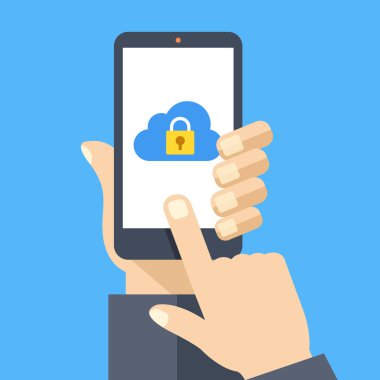 Smartphone ekran üzerindeki kilit simgesiyle bulut. Akıllı telefon, ekran dokunaklı parmak tutan el. Cloud güvenlik. Web afiş, web siteleri, infographics için modern kavram. Düz tasarlamak vektör
