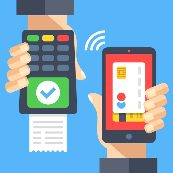 Χέρι εκμετάλλευση τερματικού με πράσινο σημάδι ελέγχου και παραλαβής, το χέρι που κρατά το smartphone με την πιστωτική κάρτα πληρωμής. Εγκεκριμένη συναλλαγή, σωστό pin εισόδου, επιτυχημένη πληρωμή. Επίπεδη σχεδίαση εικονογράφηση διάνυσμα — Διανυσματικό Αρχείο
