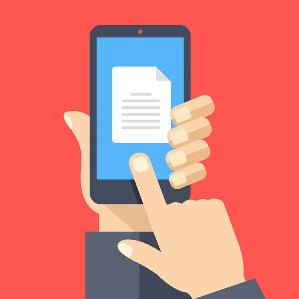 Het symbool van het document op het scherm van de smartphone. Hand met smartphone, vinger document op het scherm aan te raken. Lezen, download bestand met concept van de mobiele telefoon. Moderne platte ontwerp grafische elementen. Vectorillustratie — Stockvector