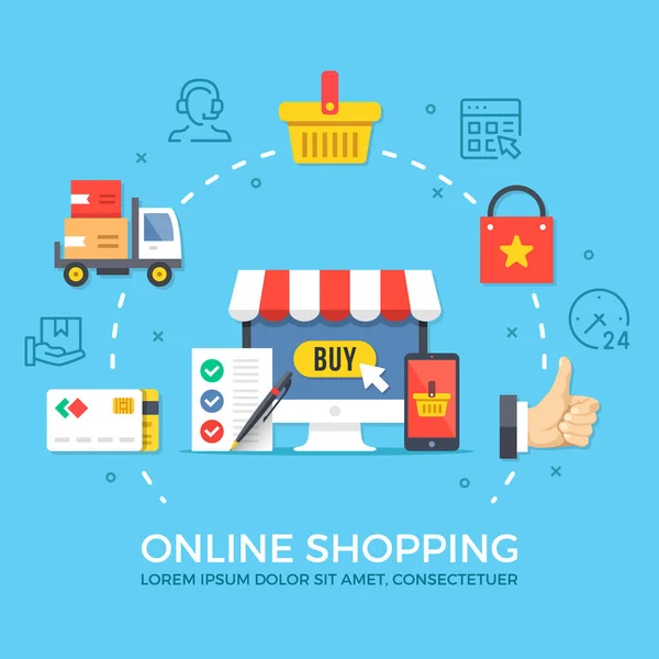 Shopping online. Elementi grafici di design piatto, segni, simboli, set di icone di linea. Qualità premium. Concetto moderno per banner web, siti web, infografiche, materiali stampati. Illustrazione vettoriale creativa — Vettoriale Stock