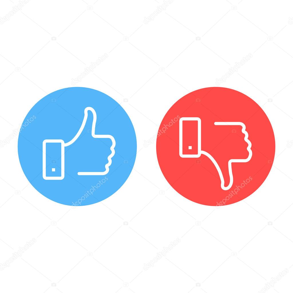 Like and dislike icons set. Thumbs up and thumbs down. Modern graphic elements for web banners, web sites, printed materials, infographics. Vector round thin line icons isolated on white background