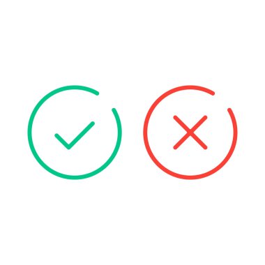 İnce çizgi onay işareti simgeler. Yeşil kene ve Kızıl Haç onay işaretli düz çizgi Icons set. Vektör çizim