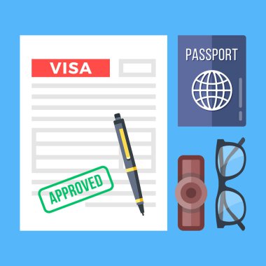 Approved visa application, passport, stamp, pen and glasses set. Flat design graphic elements, flat icons set. Top view. Vector illustration clipart