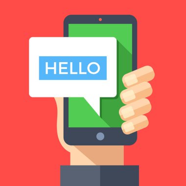 Smartphone ile Merhaba mesaj ekranda tutan el. Sohbet, sohbet, Sms metin mesajlaşma, online sohbet kavramı. Modern grafik öğeleri. Düz tasarlamak vektör