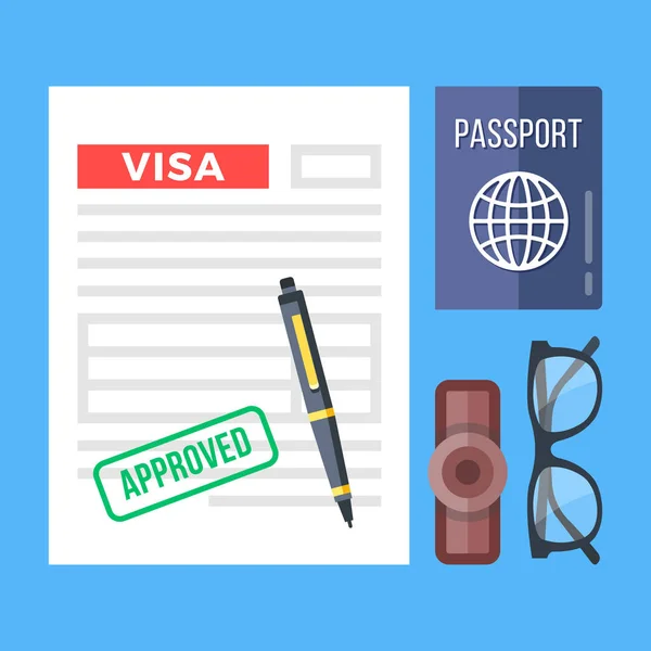 Ορίστε εγκεκριμένης βίζας, διαβατηρίου, σφραγίδα, στυλό και γυαλιά. Επίπεδη σχεδίαση γραφικών στοιχείων, ορίστε επίπεδες εικόνες. Το Top view. Εικονογράφηση διάνυσμα — Διανυσματικό Αρχείο