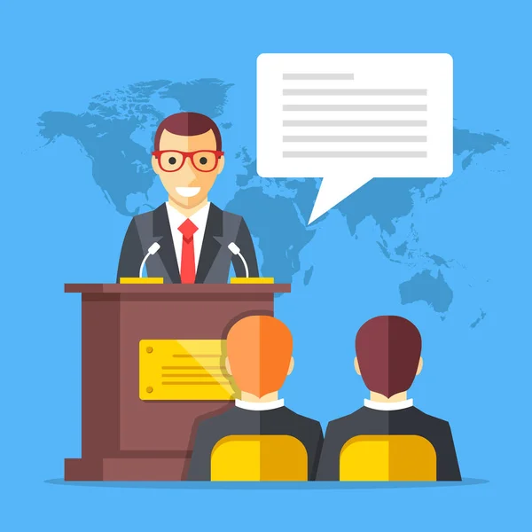 Press conference. Man standing at rostrum with microphones in auditorium with people, world map on background. Flat design graphics. Vector illustration — Stock Vector