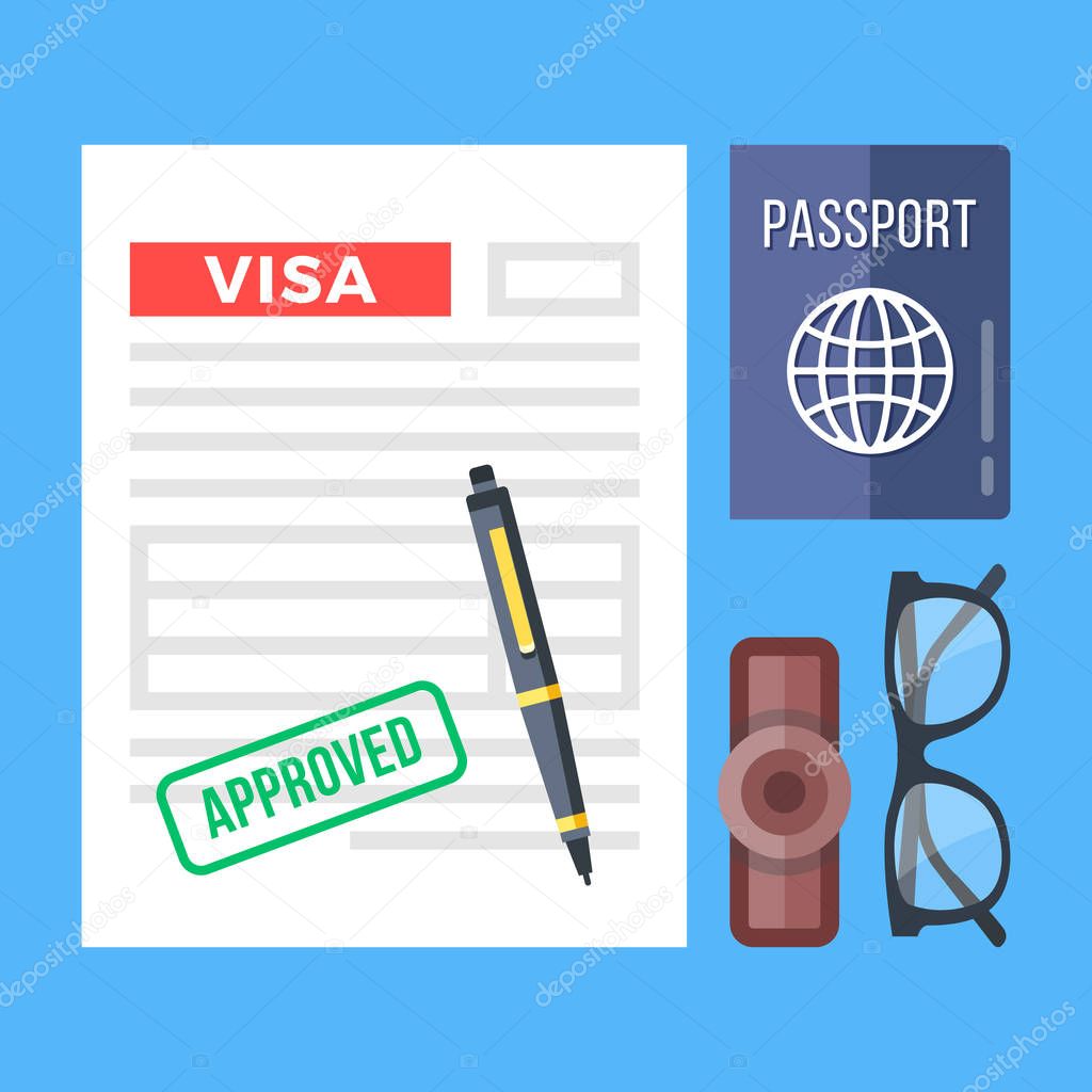 Approved visa application, passport, stamp, pen and glasses set. Flat design graphic elements, flat icons set. Top view. Vector illustration