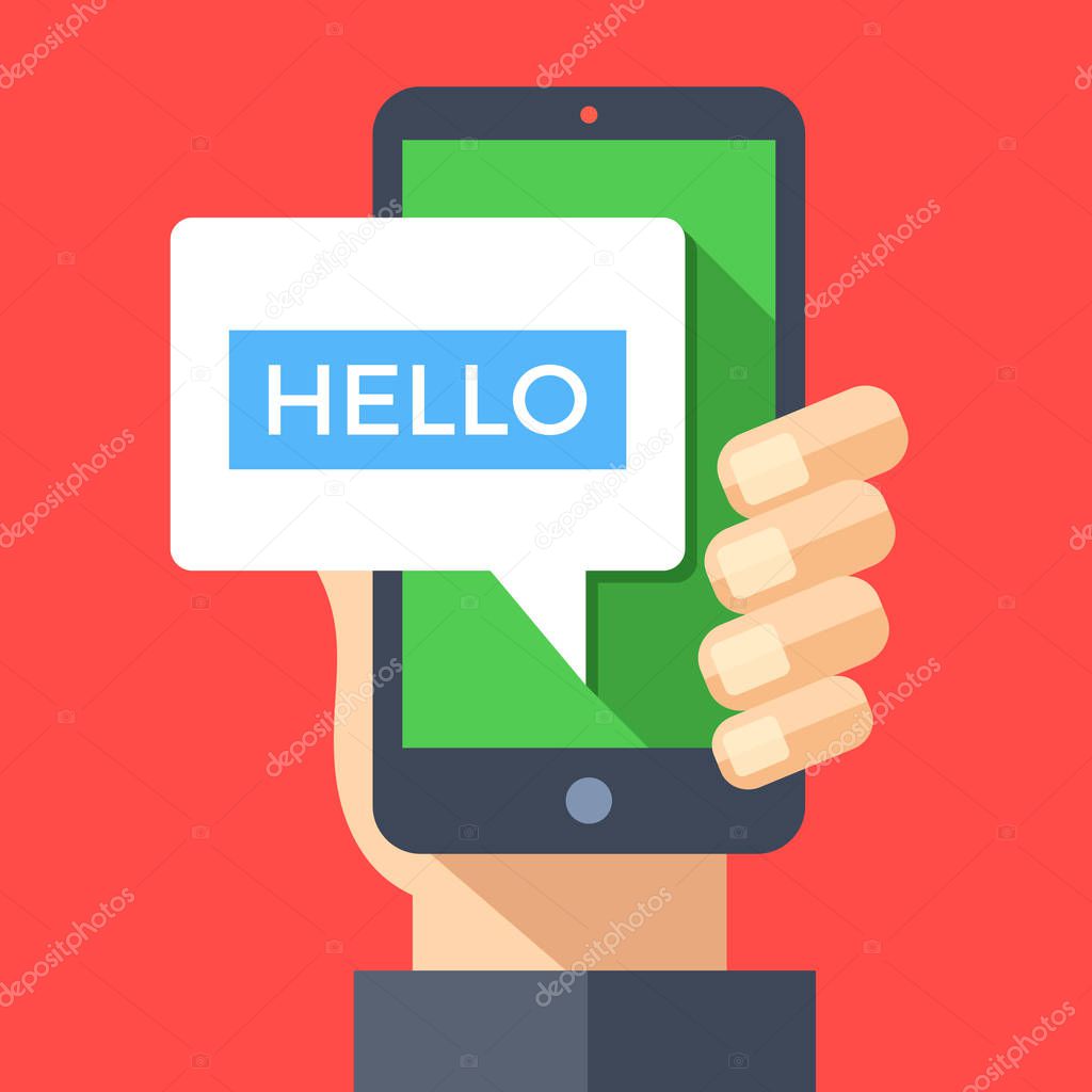 Hand holding smartphone with hello message on screen. Instant messaging, IM, SMS text messaging, online chat concept. Modern graphic elements. Flat design vector illustration