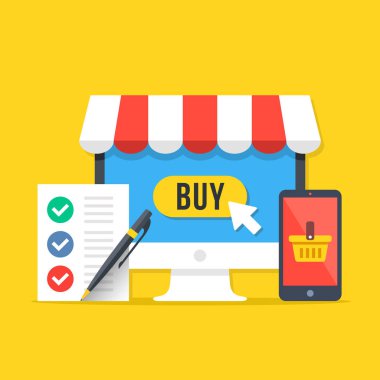 Elektronik alışveriş, online alışveriş kavramları. Masaüstü bilgisayar satın al düğmesini, alışveriş sepeti, kalem ile alışveriş listesi ile smartphone ile. Modern düz tasarım grafik öğeleri kümesi. Vektör çizim