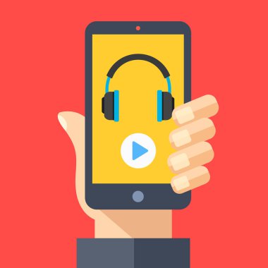 Kulaklık ve smartphone ekran Oynat düğmesini. El tutma smartphone. Gerçek zamanlý aktarým Servisi, müzik app, müzik üstünde hareket eden aygıt. Modern düz tasarım grafik öğeleri. Vektör çizim