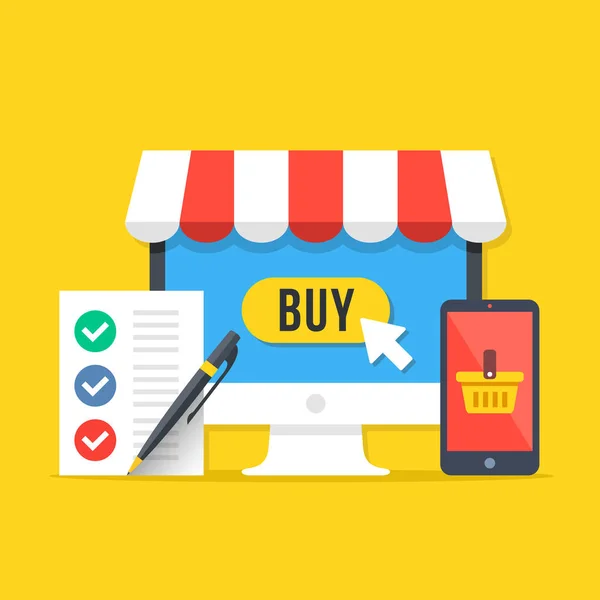 Compras electrónicas, conceptos de compras online. Ordenador de sobremesa con botón de compra, smartphone con cesta de la compra, lista de la compra con pluma. Conjunto de elementos gráficos de diseño plano moderno. Ilustración vectorial — Vector de stock