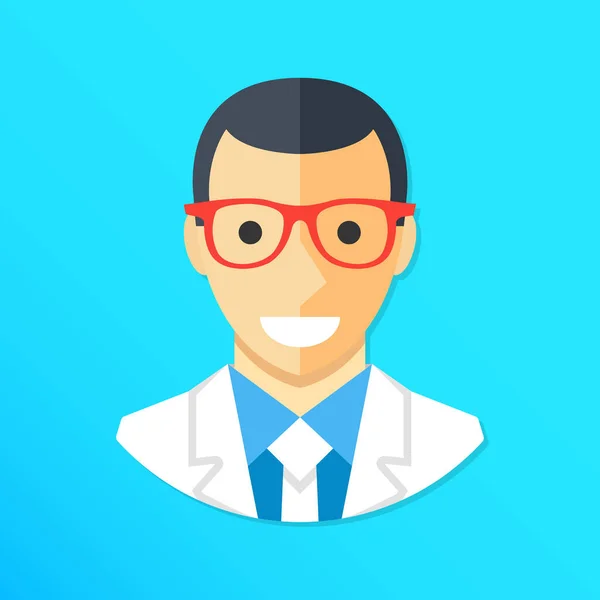 Icono médico. Sonriente personaje médico con bata de laboratorio y gafas. Elementos gráficos de diseño plano. Ilustración vectorial — Archivo Imágenes Vectoriales