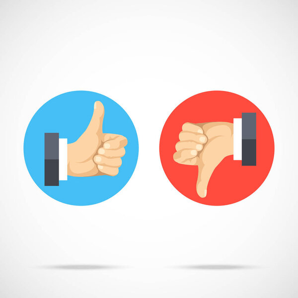 Like and dislike. Round icons set. Hands with thumbs up, thumbs down. Modern flat design graphic elements, flat icons set. Vector illustration