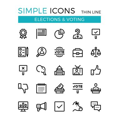 Oylama, seçim, siyasi partiler vektör ince simgeler kümesi satır. 32 x 32 piksel. Web sitesi, web tasarım, mobil uygulaması, infographics için çağdaş çizgi grafik tasarım kavramları. Piksel mükemmel vektör anahat simgelerini belirlemek