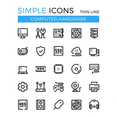 Bilgisayar donanım, bilgisayar parçaları ve bileşenleri ince çizgi Icons set vektör. 32 x 32 piksel. Çağdaş çizgi grafik tasarım web siteleri, web tasarım, mobil uygulaması, infographics için. Piksel mükemmel vektör anahat simgelerini belirlemek