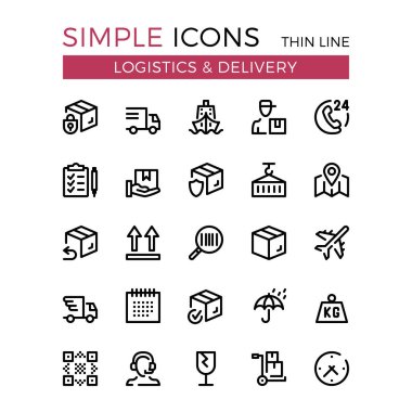 Teslim, Ulaştırma, Lojistik, vektör ince çizgi Icons set nakliye. 32 x 32 piksel. Çağdaş çizgi grafik tasarım için Web sitesi, web tasarım, mobil uygulaması, infographics. Piksel mükemmel vektör anahat simgelerini belirlemek