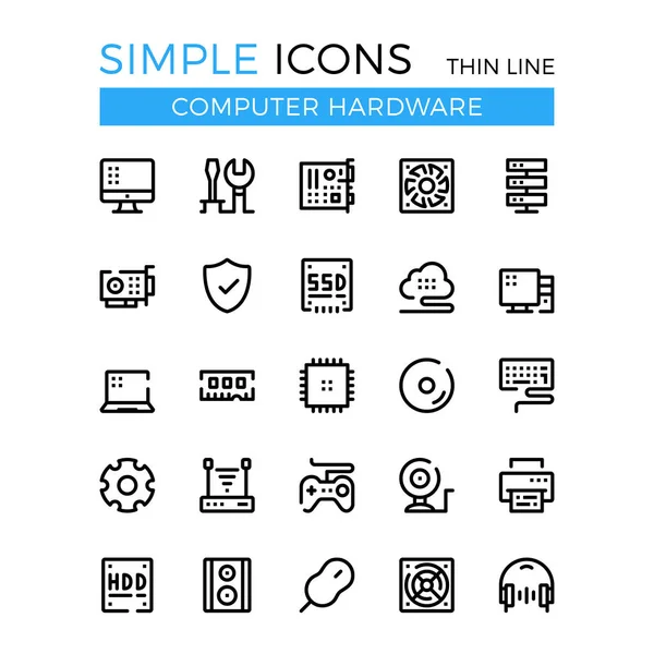 Bilgisayar donanım, bilgisayar parçaları ve bileşenleri ince çizgi Icons set vektör. 32 x 32 piksel. Çağdaş çizgi grafik tasarım web siteleri, web tasarım, mobil uygulaması, infographics için. Piksel mükemmel vektör anahat simgelerini belirlemek — Stok Vektör