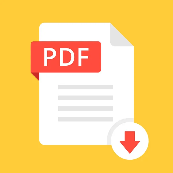 Descargar icono PDF. Archivo con etiqueta PDF y signo de flecha hacia abajo. Descargar concepto de documento. Diseño plano vector icono — Vector de stock