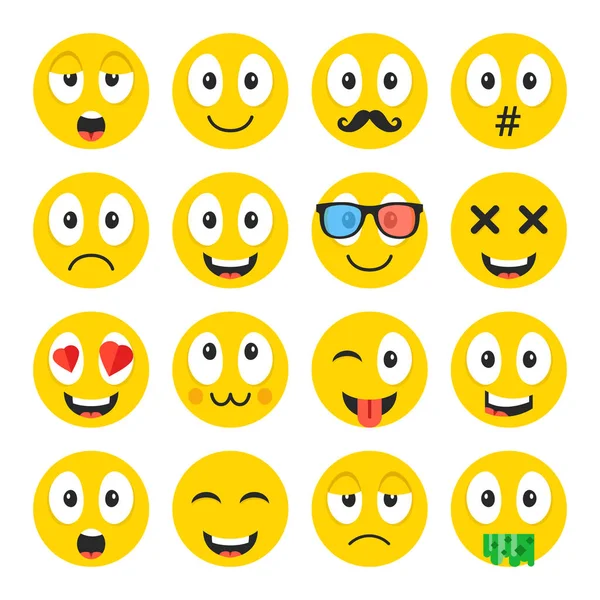 Juego de emojis. Emoticones divertidos de dibujos animados, caras sonrientes lindas con diferentes expresiones faciales, emociones. Felicidad, ira, amor, adoración, tristeza, etc. Conjunto de iconos de vector creativo — Vector de stock