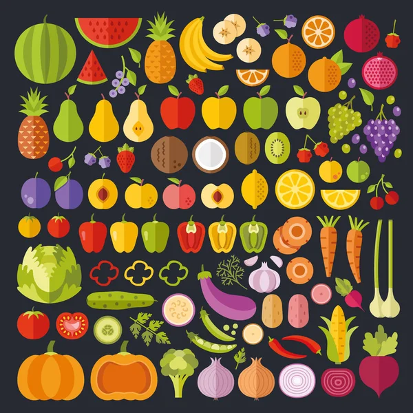 Conjunto de iconos de frutas y verduras. Arte gráfico moderno de diseño plano. Vegetales enteros y en rodajas e iconos de frutas. Ilustración vectorial — Archivo Imágenes Vectoriales