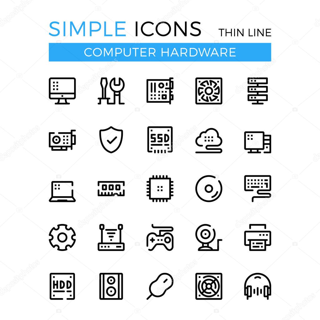 Computer hardware, PC parts and components vector thin line icons set. 32x32 px. Modern line graphic design for websites, web design, mobile app, infographics. Pixel perfect vector outline icons set