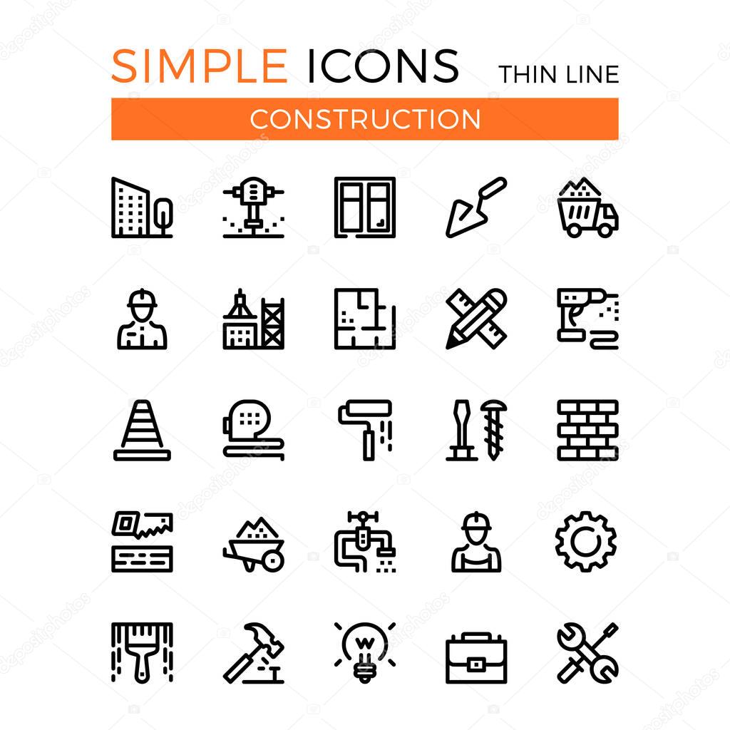 Construction, civil engineering, building vector thin line icons set. 32x32 px. Line graphic design concepts for websites, web design, mobile app, infographics. Pixel perfect vector outline icons set