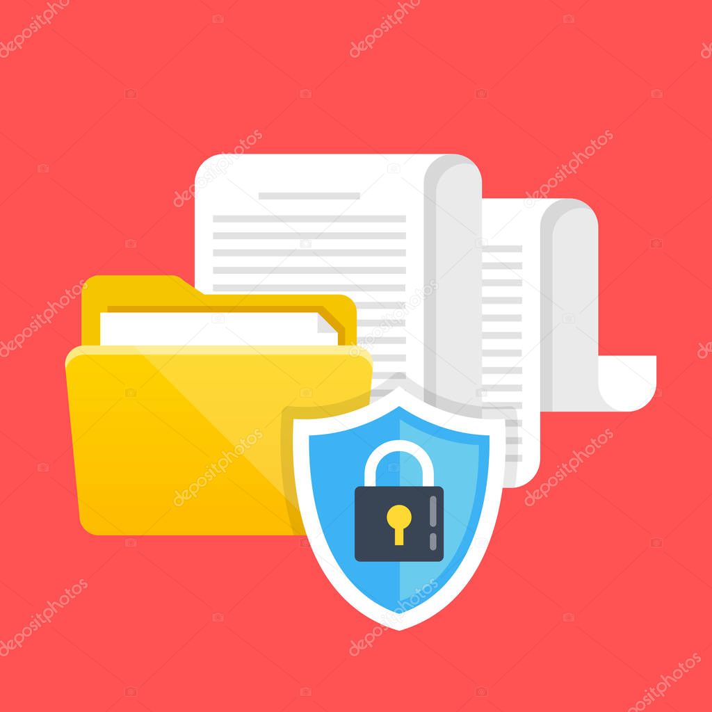 Data protection, file security and access rights concepts. Folder, documents and shield with lock icon. Modern flat design graphic elements. Vector illustration
