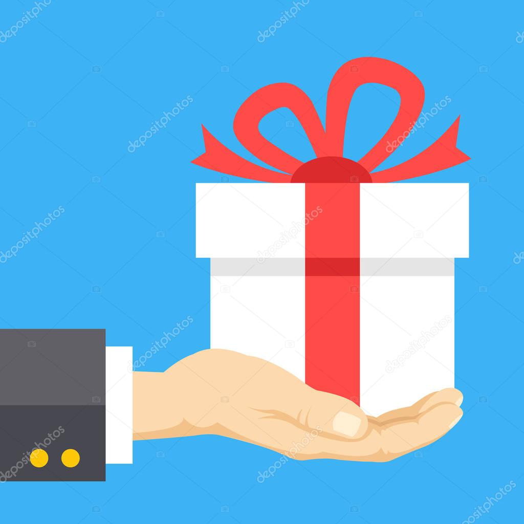Hand holding gift box. Giftbox with red ribbon and beautiful red bow. Gift, present concepts. Modern flat design graphic elements. Creative vector illustration