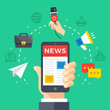 Cep telefonu haber okuma. Gazete, haber sitesi ile Smartphone tutan el. Modern düz tasarım grafik öğeleri, ince çizgi Icons set. Vektör çizim