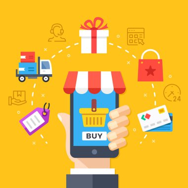 Mobil alışveriş, mobil ticaret kavramı. Smartphone ile ödeme sayfası tutan el. Modern düz tasarım grafik öğeleri, ince çizgi Icons set. Vektör çizim